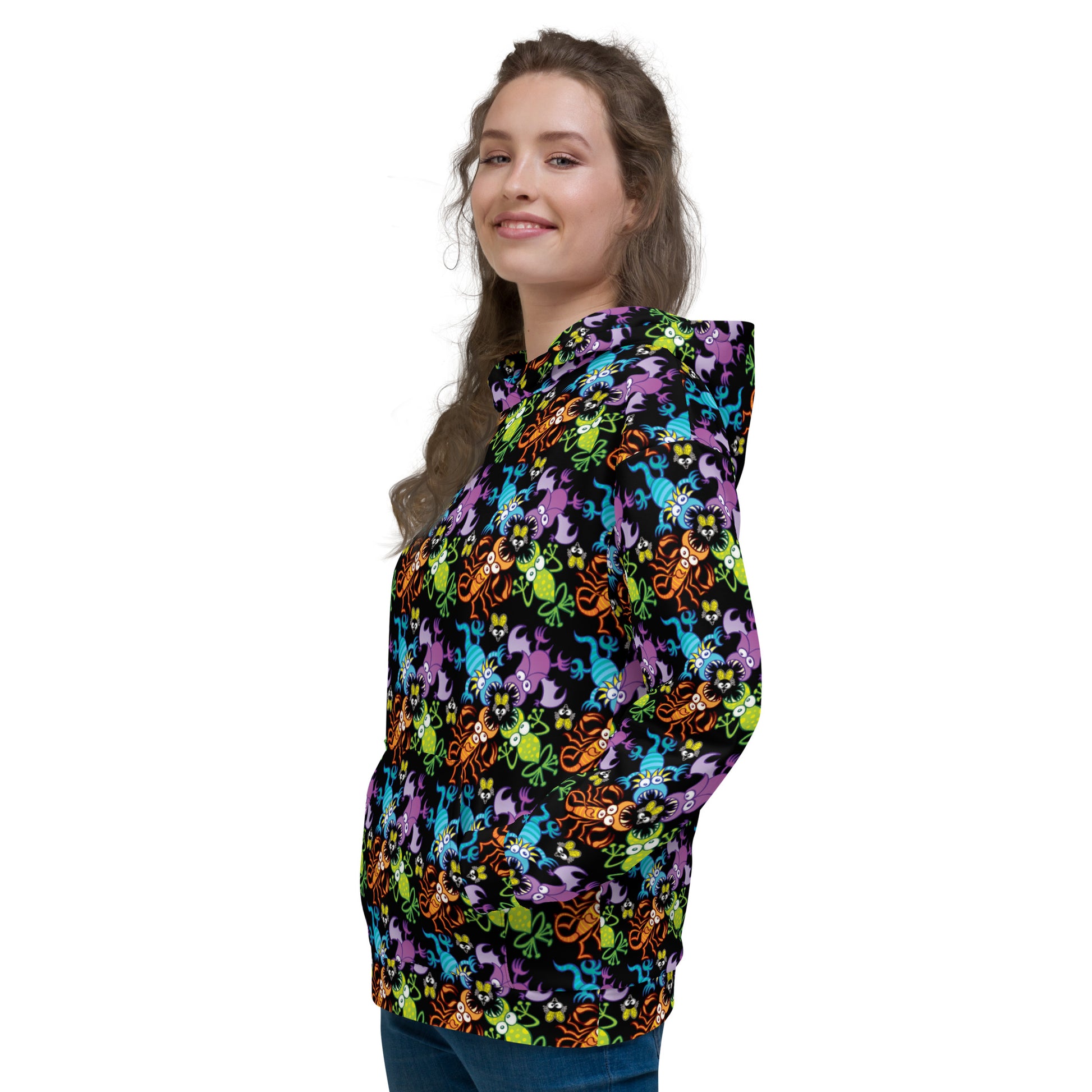 Beautiful woman wearing an Unisex Hoodie All-over printed with Bat, scorpion, lizard and frog fighting over an unlucky fly