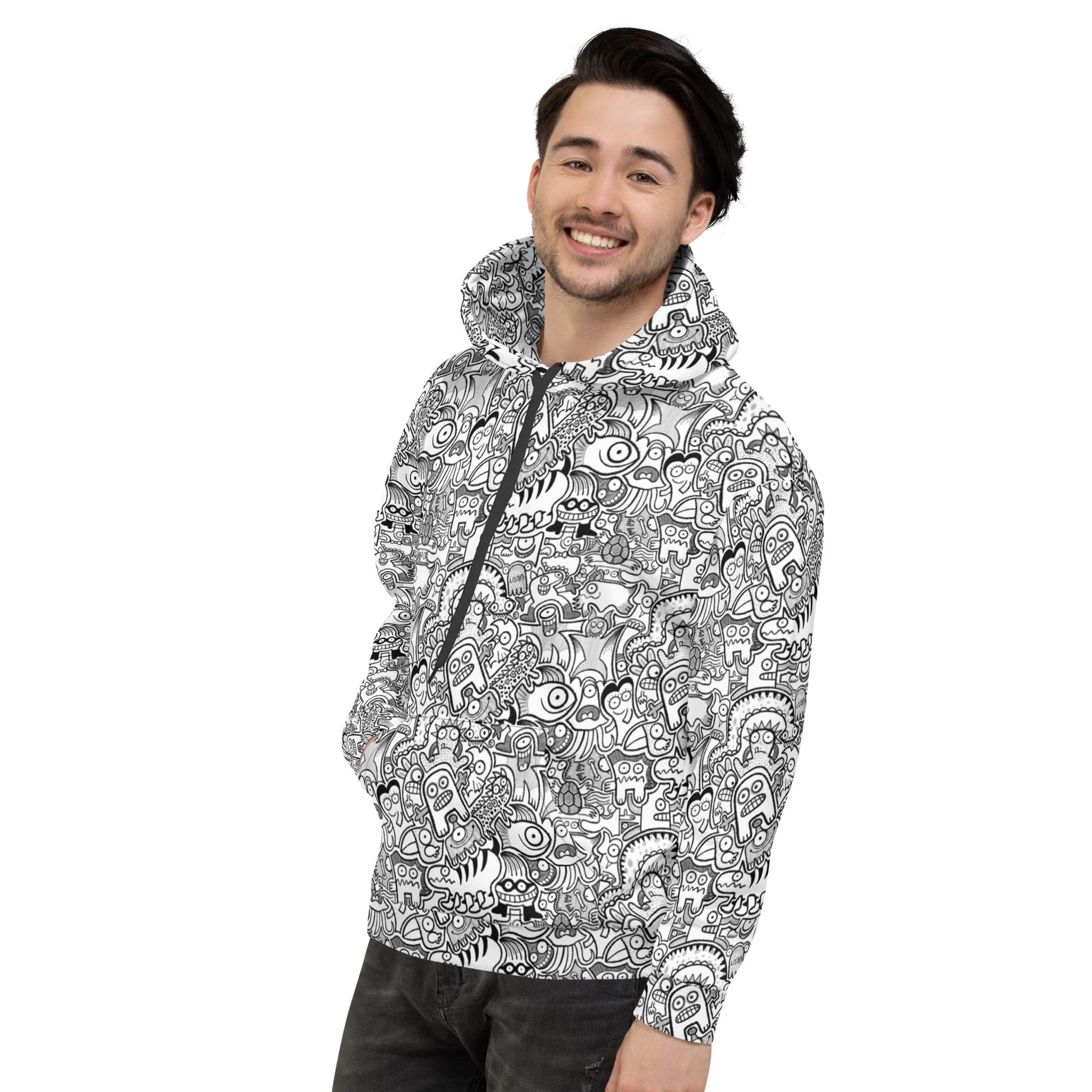 Fill your world with cool doodles Unisex Hoodie. Smiling man wearing All-over print Hoodie by Zoo&co
