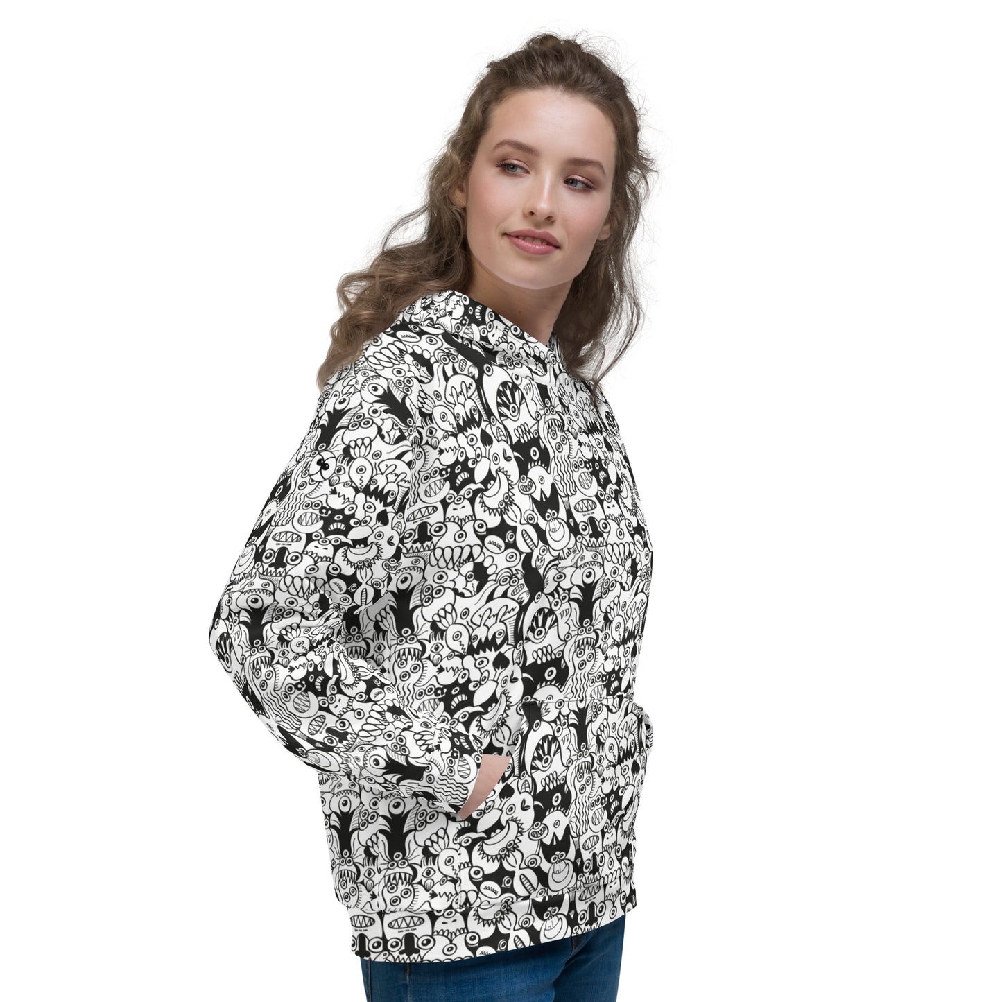 Beautiful woman wearing Unisex Hoodie All over printed with Black and white cool doodles art