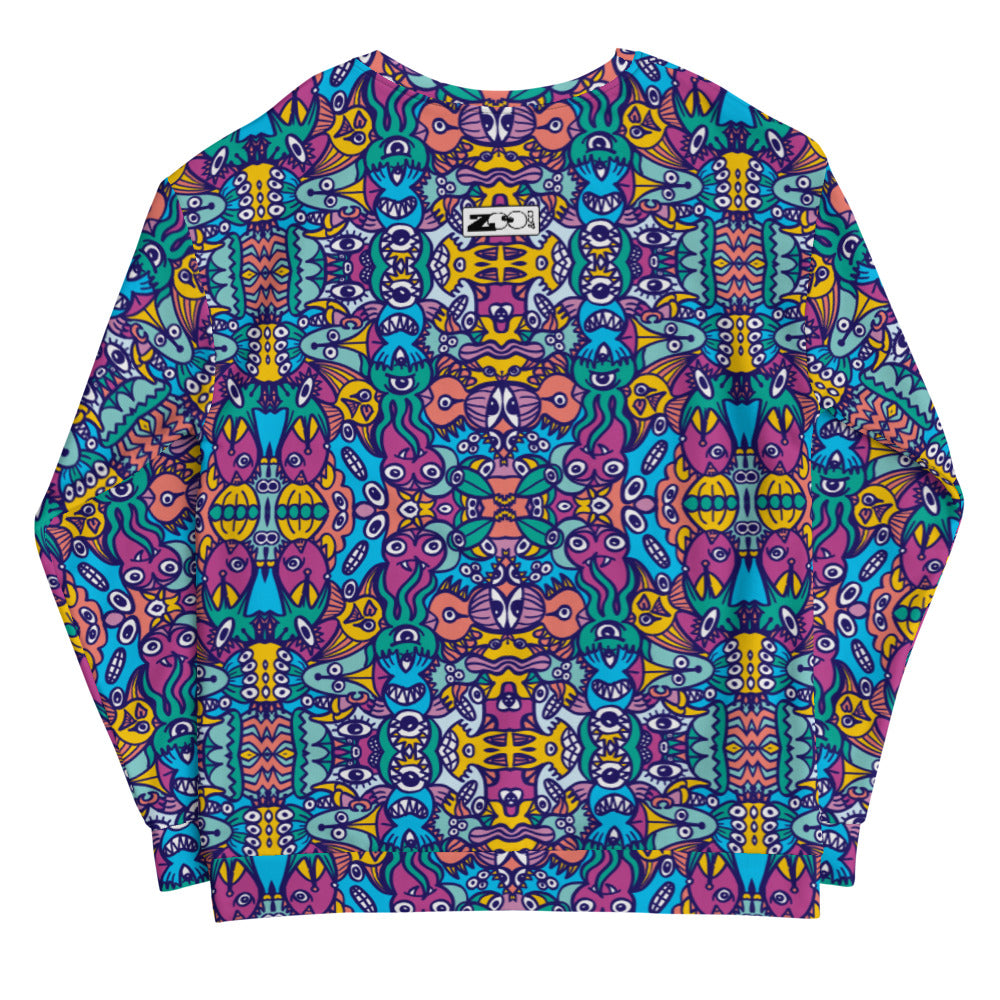 Whimsical design featuring multicolor critters from another world All over printed Unisex Sweatshirt. Back view