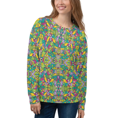 Young woman wearing All over-print Unisex Sweatshirt. It’s life but not as we know it pattern design