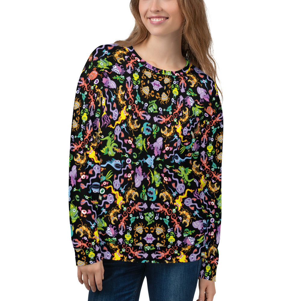 Beautiful woman wearing Unisex Sweatshirt printed with Ocean critters pattern mandala