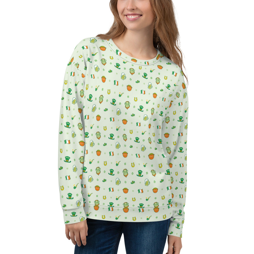 Beautiful woman wearing Unisex Sweatshirt All-over printed with Celebrate Saint Patrick’s Day in style