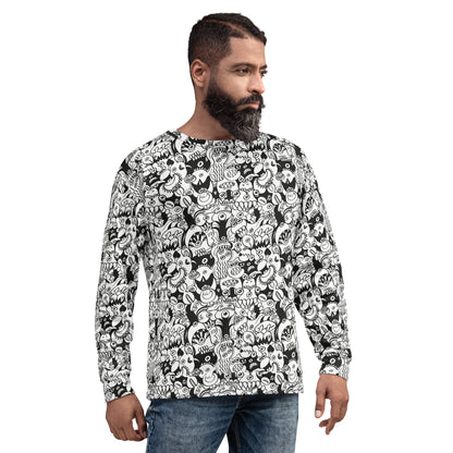 Cool man wearing Unisex Sweatshirt All over printed with Black and white cool doodles art