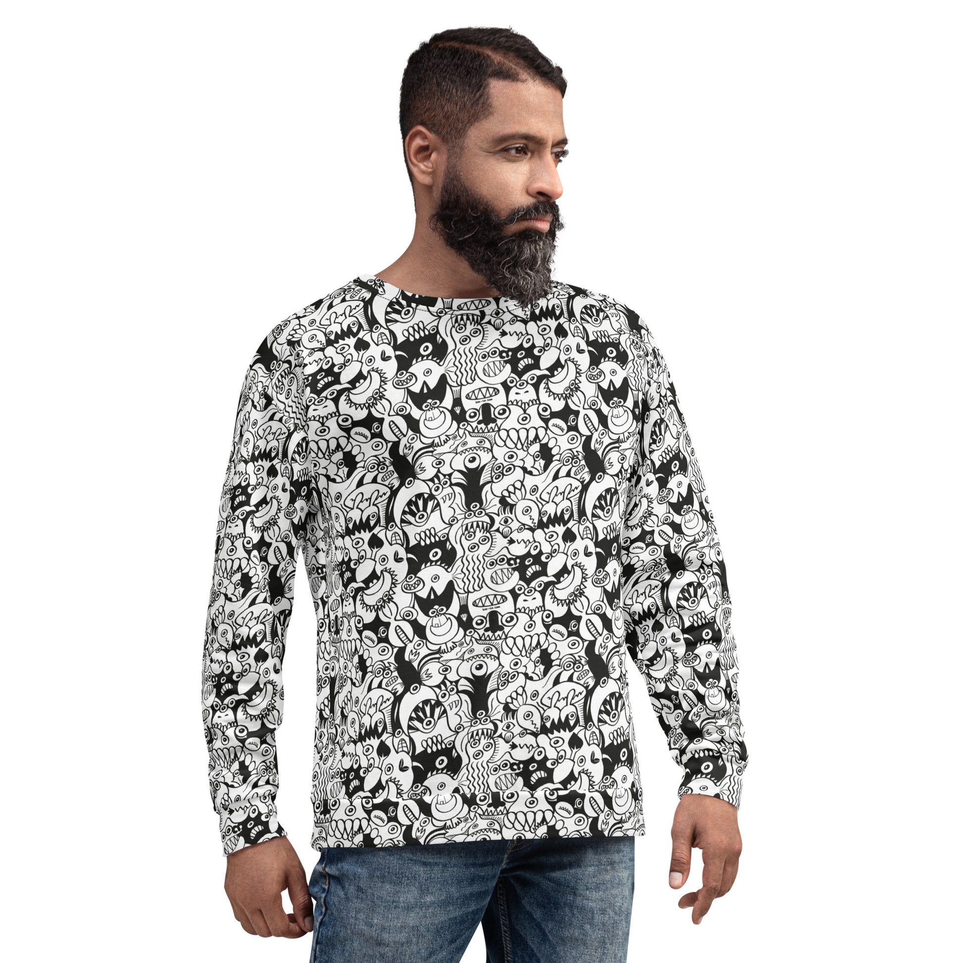 Cool man wearing Unisex Sweatshirt All over printed with Black and white cool doodles art