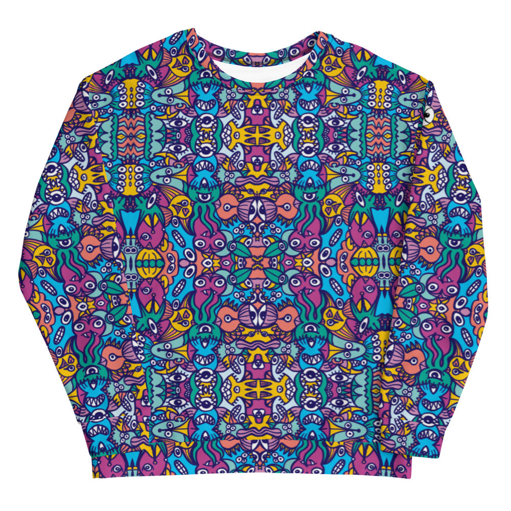 Whimsical design featuring multicolor critters from another world All over printed Unisex Sweatshirt. Front view