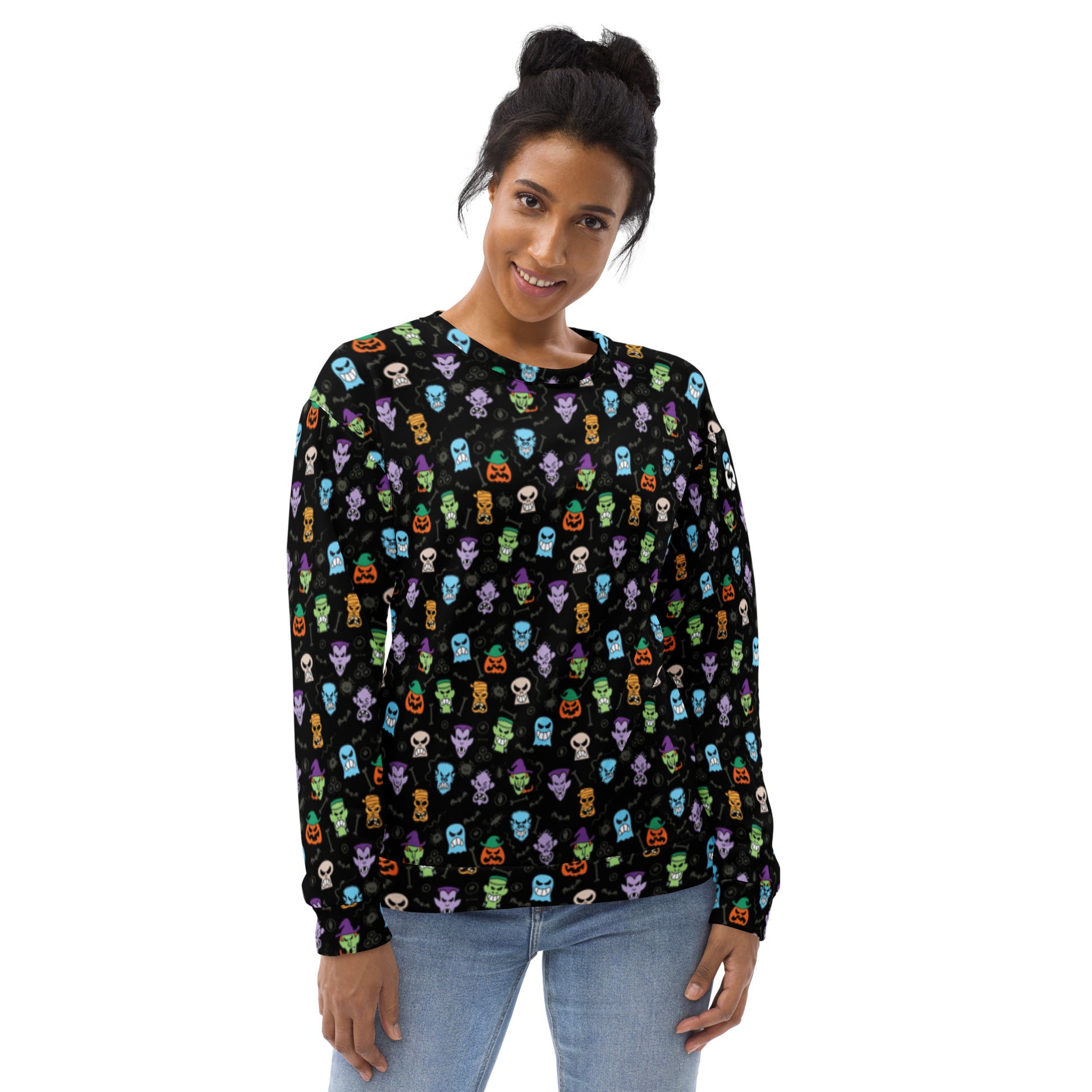 Scary Halloween faces Unisex Sweatshirt. Smiling woman wearing All-over print Sweatshirt by Zoo&co