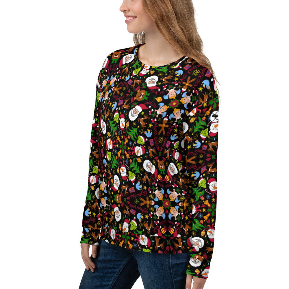 Beautiful woman wearing a Unisex Sweatshirt printed with The joy of Christmas pattern design
