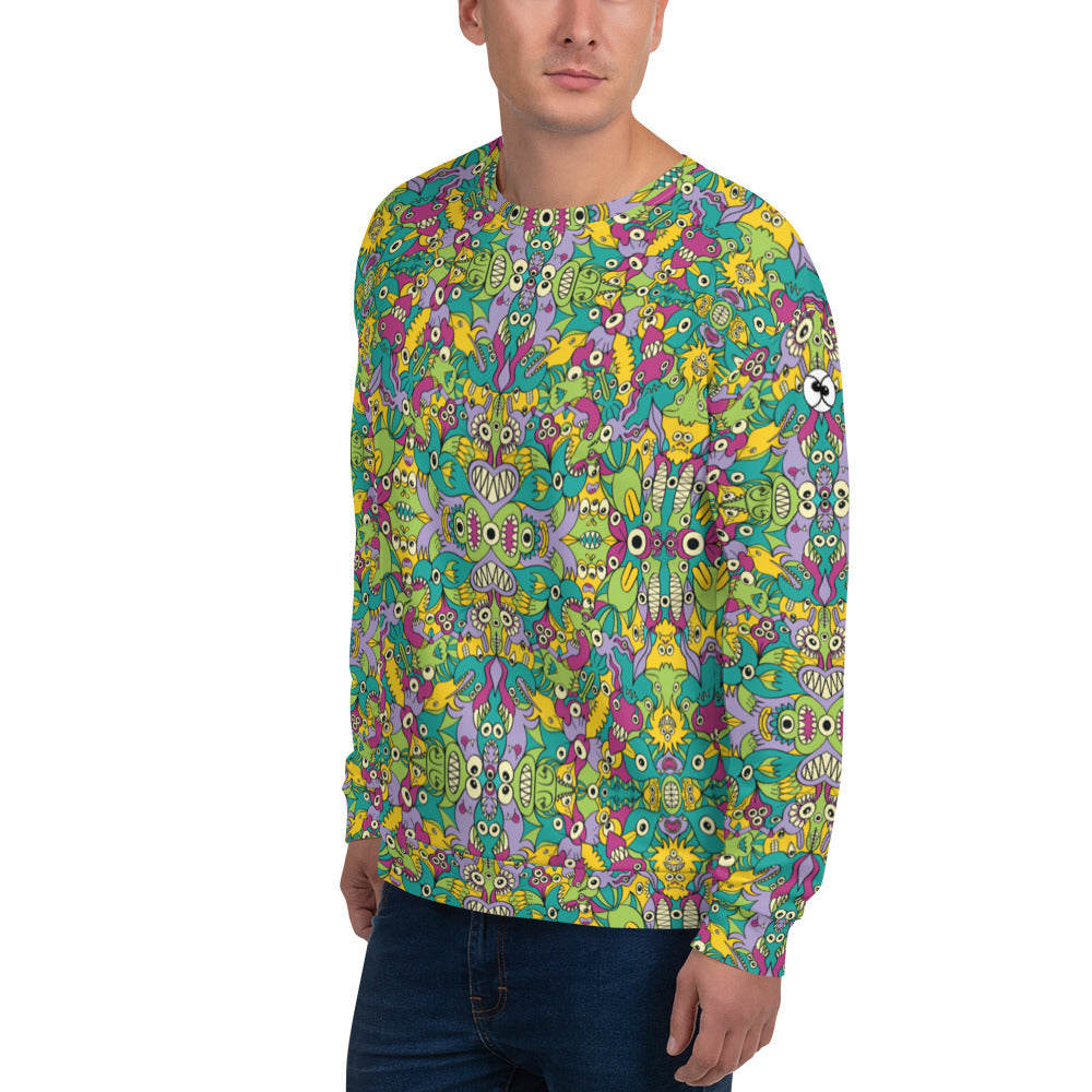 Young man wearing All over-print Unisex Sweatshirt. It’s life but not as we know it pattern design
