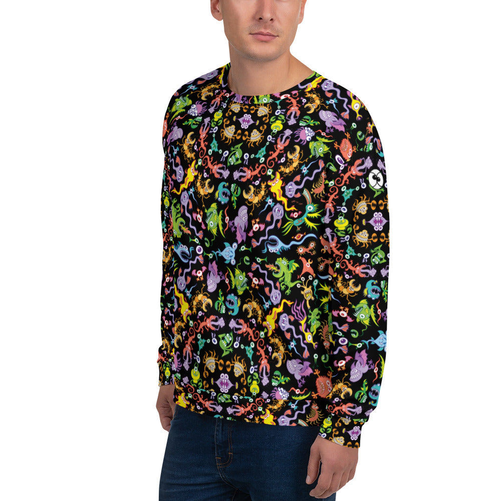 Young man wearing Unisex Sweatshirt printed with Ocean critters pattern mandala