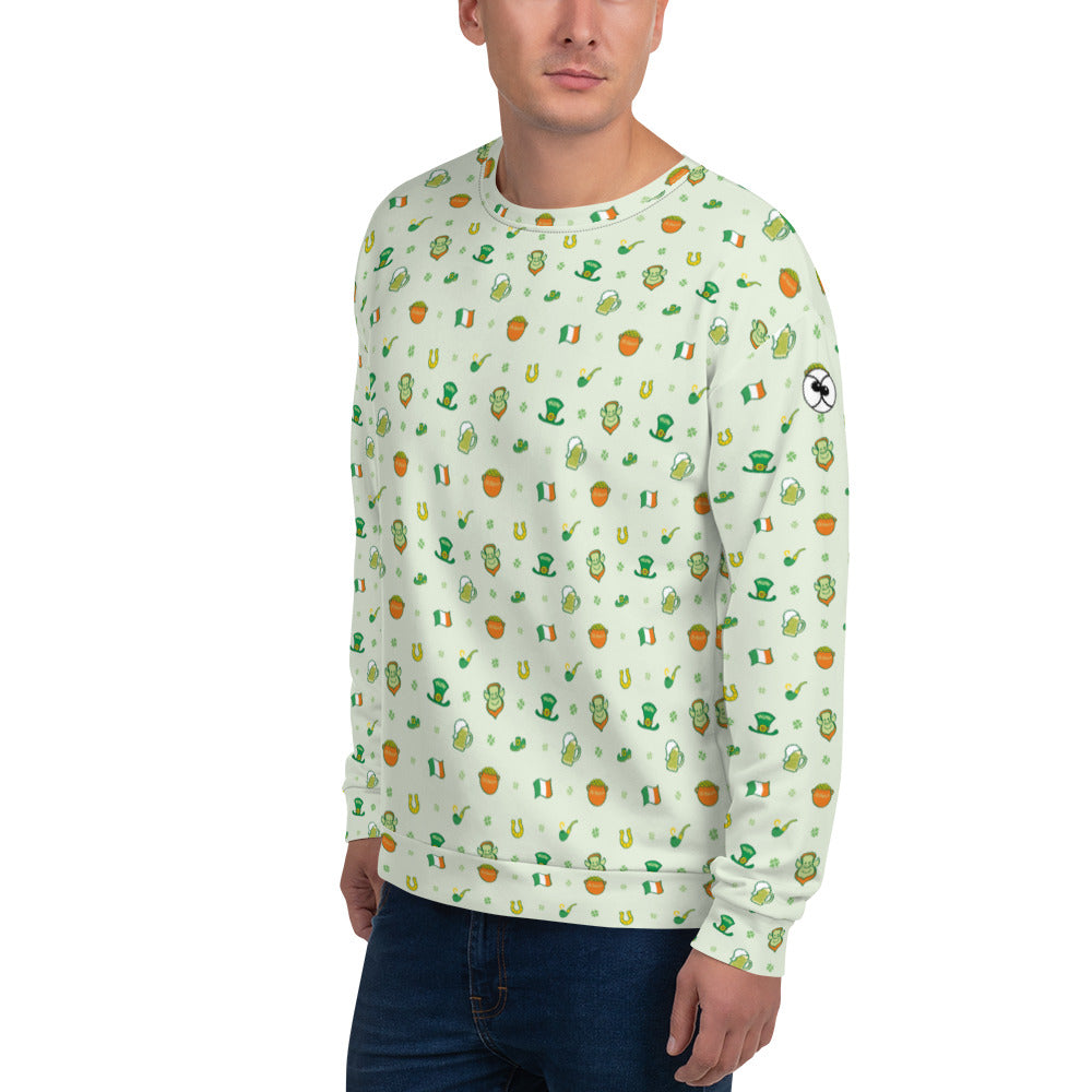 Young man wearing Unisex Sweatshirt All-over printed with Celebrate Saint Patrick’s Day in style