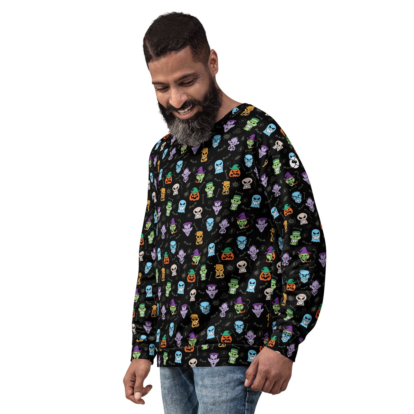 Scary Halloween faces Unisex Sweatshirt. Smiling man wearing All-over print Sweatshirt by Zoo&co