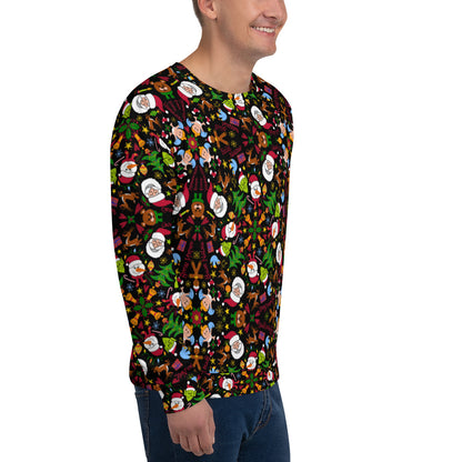 Young man wearing a Unisex Sweatshirt printed with The joy of Christmas pattern design