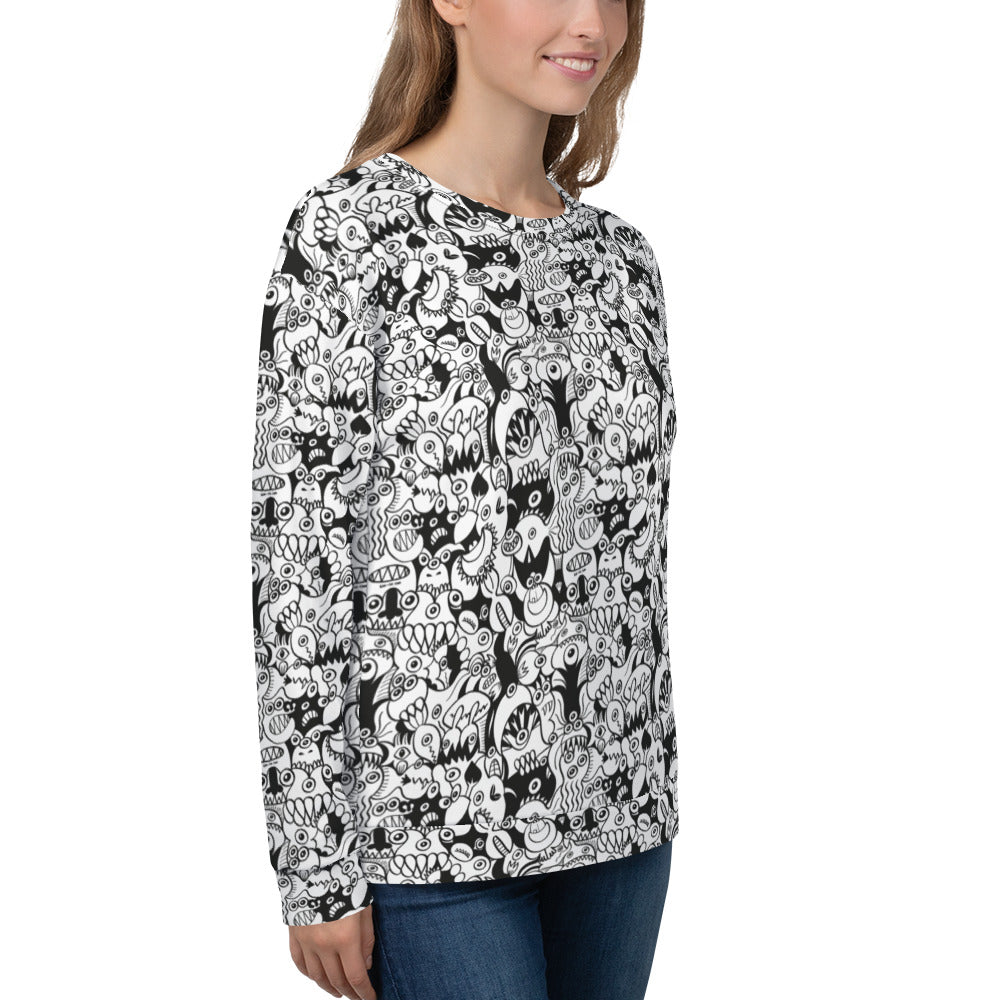 Young woman wearing Unisex Sweatshirt All over printed with Black and white cool doodles art