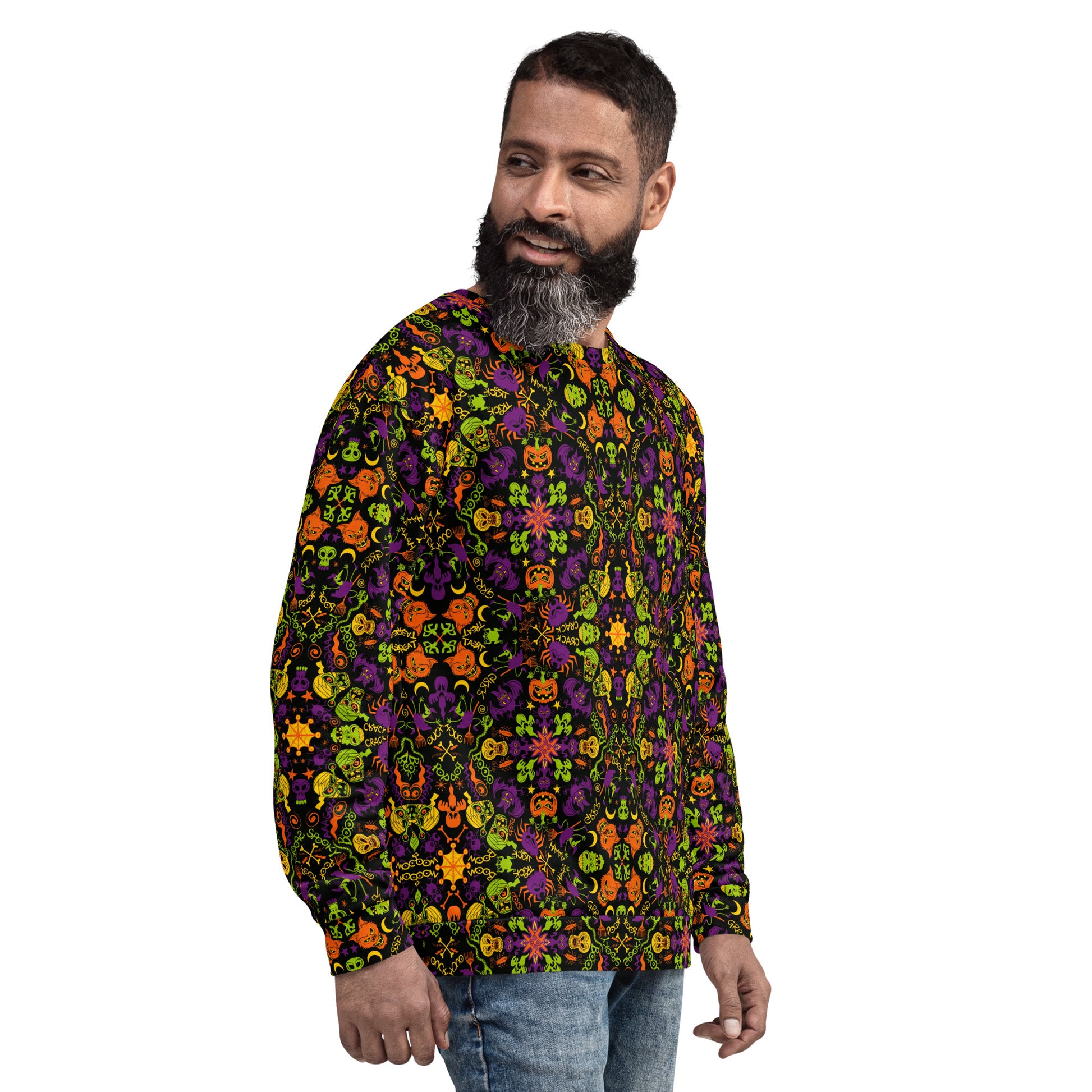 All Halloween stars in a creepy pattern design Unisex Sweatshirt. Cool man wearing All-over print Sweatshirt by Zoo&co
