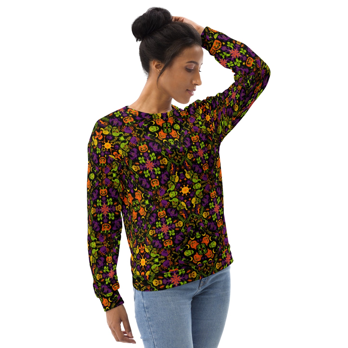 All Halloween stars in a creepy pattern design Unisex Sweatshirt. Beautiful woman wearing All-over print Sweatshirt by Zoo&co
