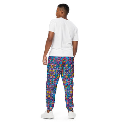 Whimsical design featuring multicolor critters from another world Unisex track pants. Back view