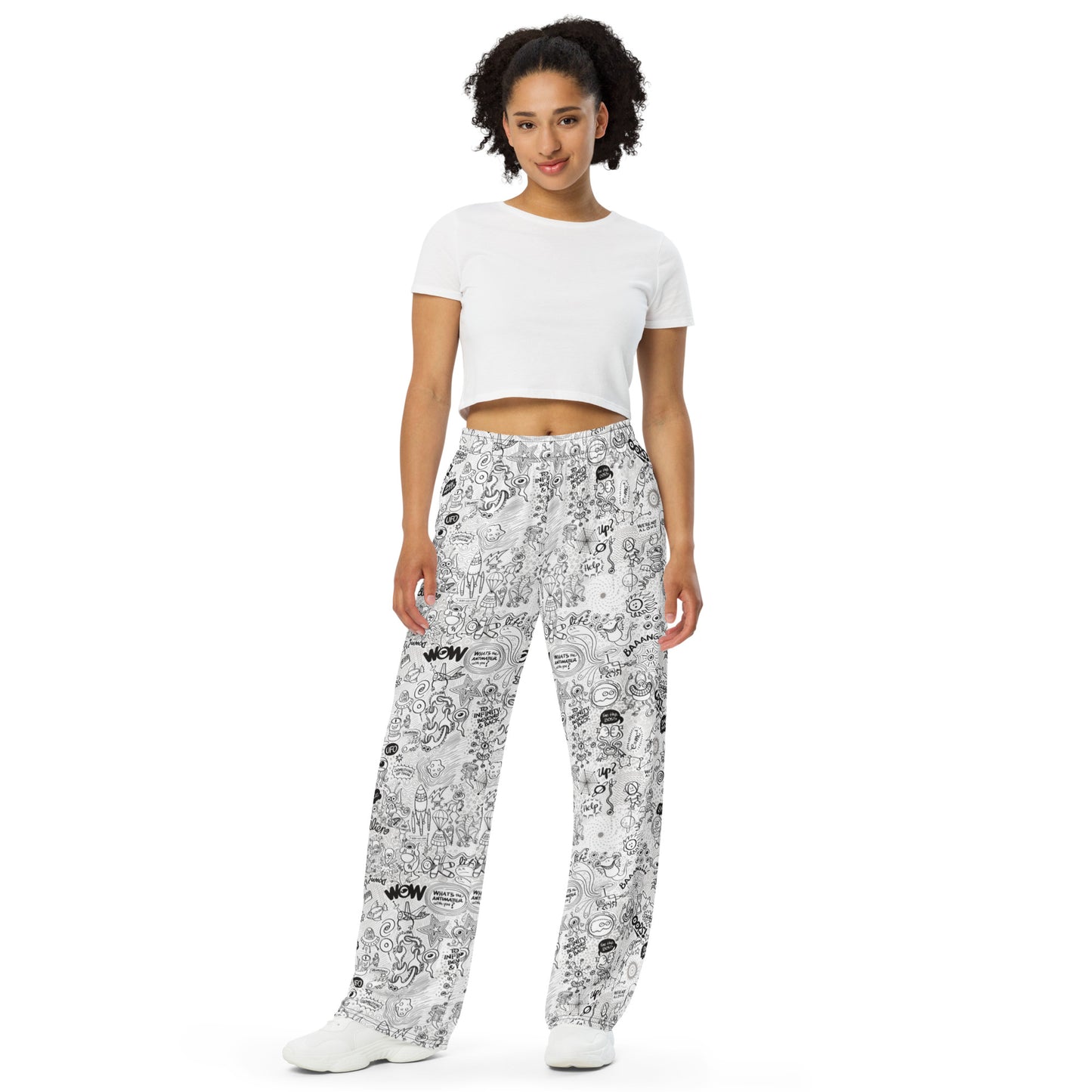 The most comprehensive Doodle art of the universe All-over print unisex wide-leg pants. Front view