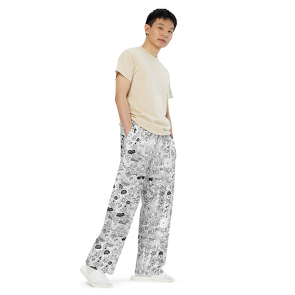 The most comprehensive Doodle art of the universe All-over print unisex wide-leg pants. Side view