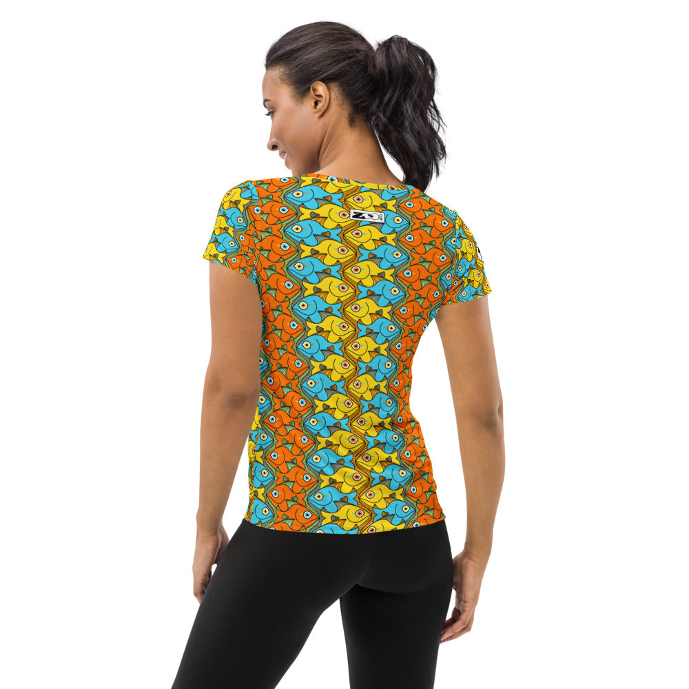 Smiling fishes colorful pattern All-Over Print Women's Athletic T-shirt. Back view