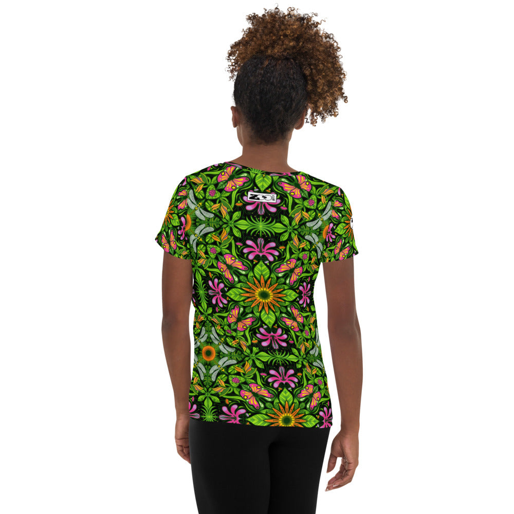 Magical garden full of flowers and insects All-Over Print Women's Athletic T-shirt. Back view