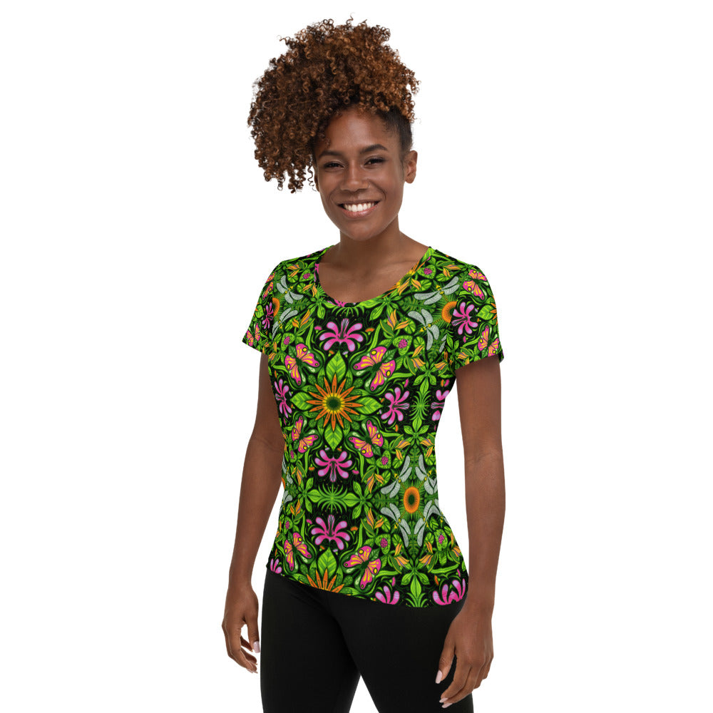 Magical garden full of flowers and insects All-Over Print Women's Athletic T-shirt. Front view