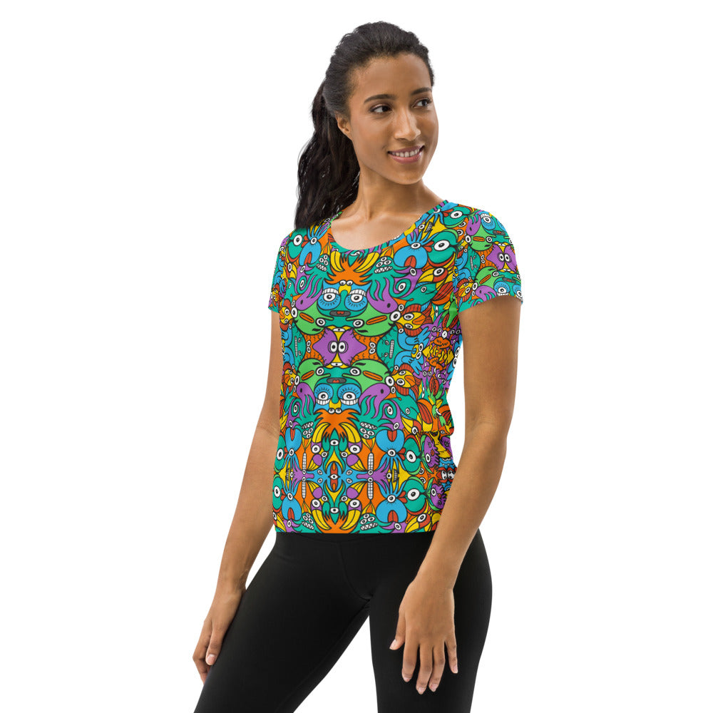Fantastic doodle world full of weird creatures All-Over Print Women's Athletic T-shirt. Front view
