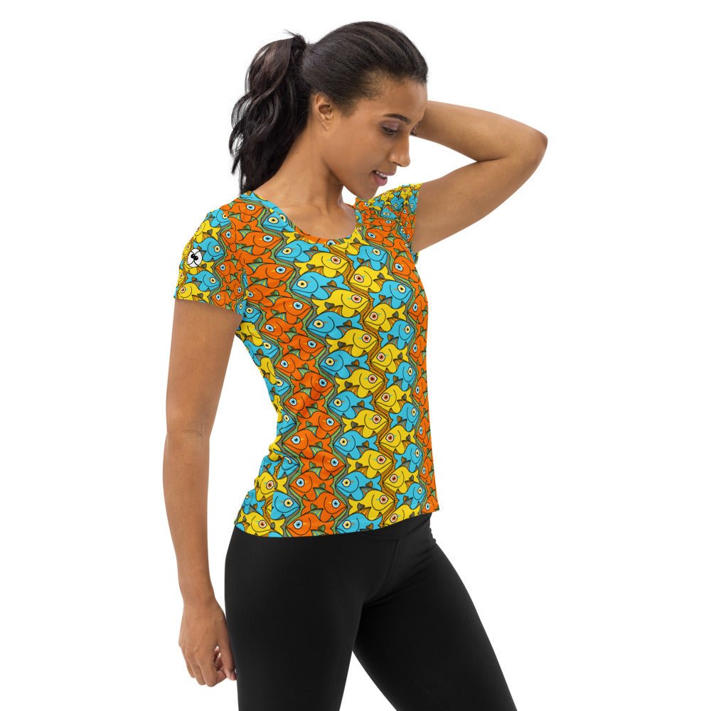 Smiling fishes colorful pattern All-Over Print Women's Athletic T-shirt. Side view