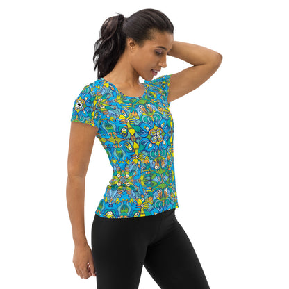 Exotic birds tropical pattern All-Over Print Women's Athletic T-shirt. Side view