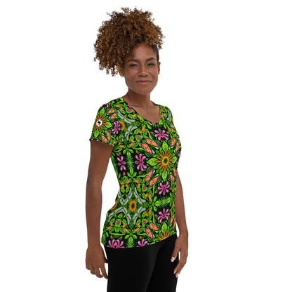 Magical garden full of flowers and insects All-Over Print Women's Athletic T-shirt. Side view