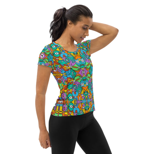 Fantastic doodle world full of weird creatures All-Over Print Women's Athletic T-shirt. Side view