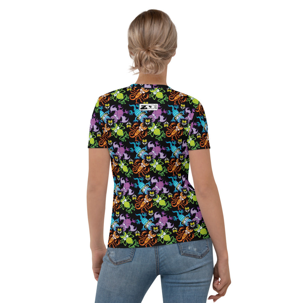 Bat, scorpion, lizard and frog fighting over an unlucky fly All-over print Women's T-shirt. Back view