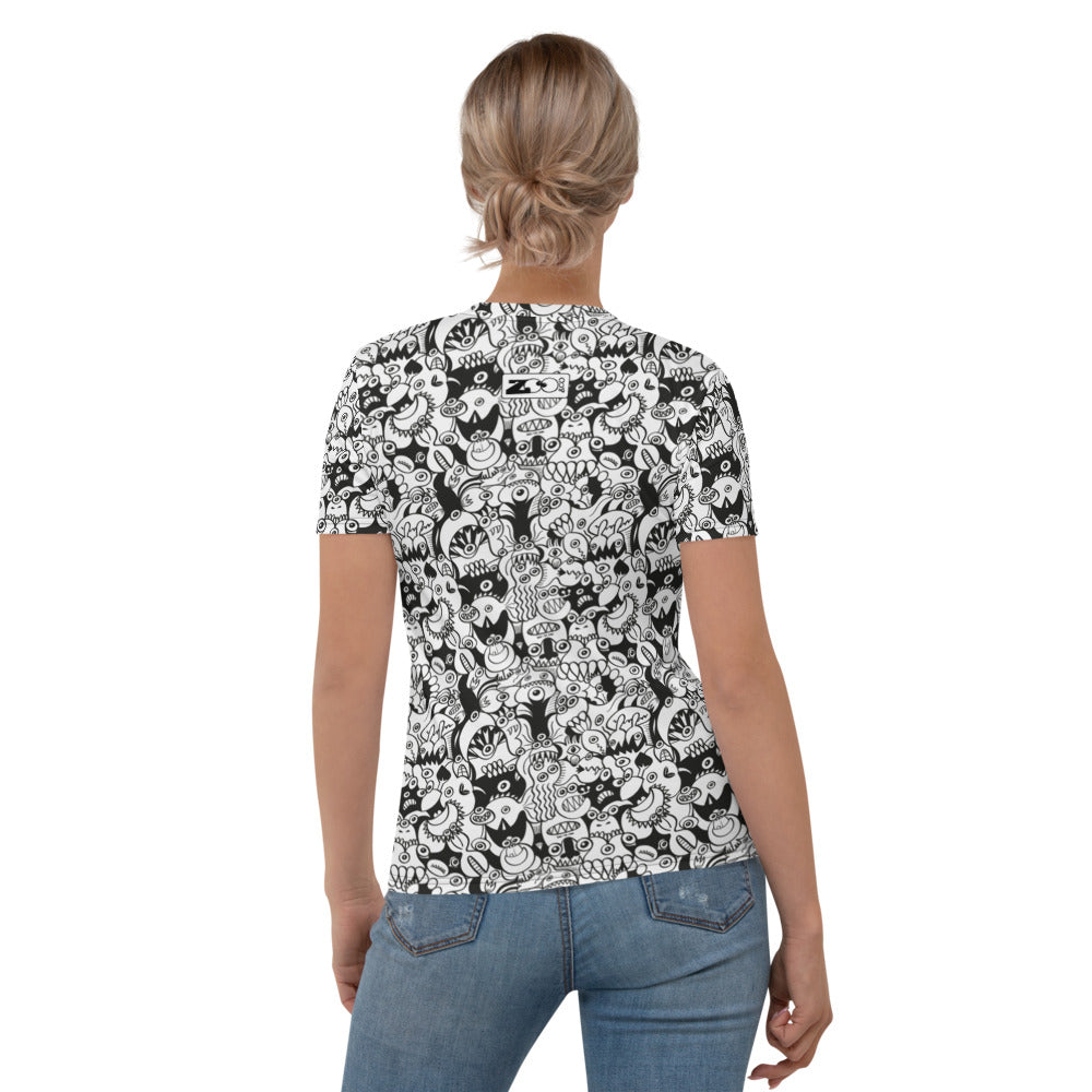 Black and white cool doodles art All over print Women's T-shirt. Back view