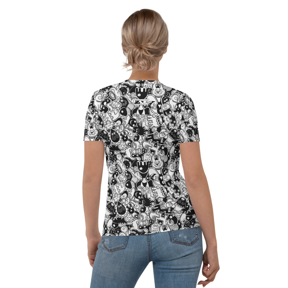 Joyful crowd of black and white doodle creatures All over print Women's T-shirt. Back view