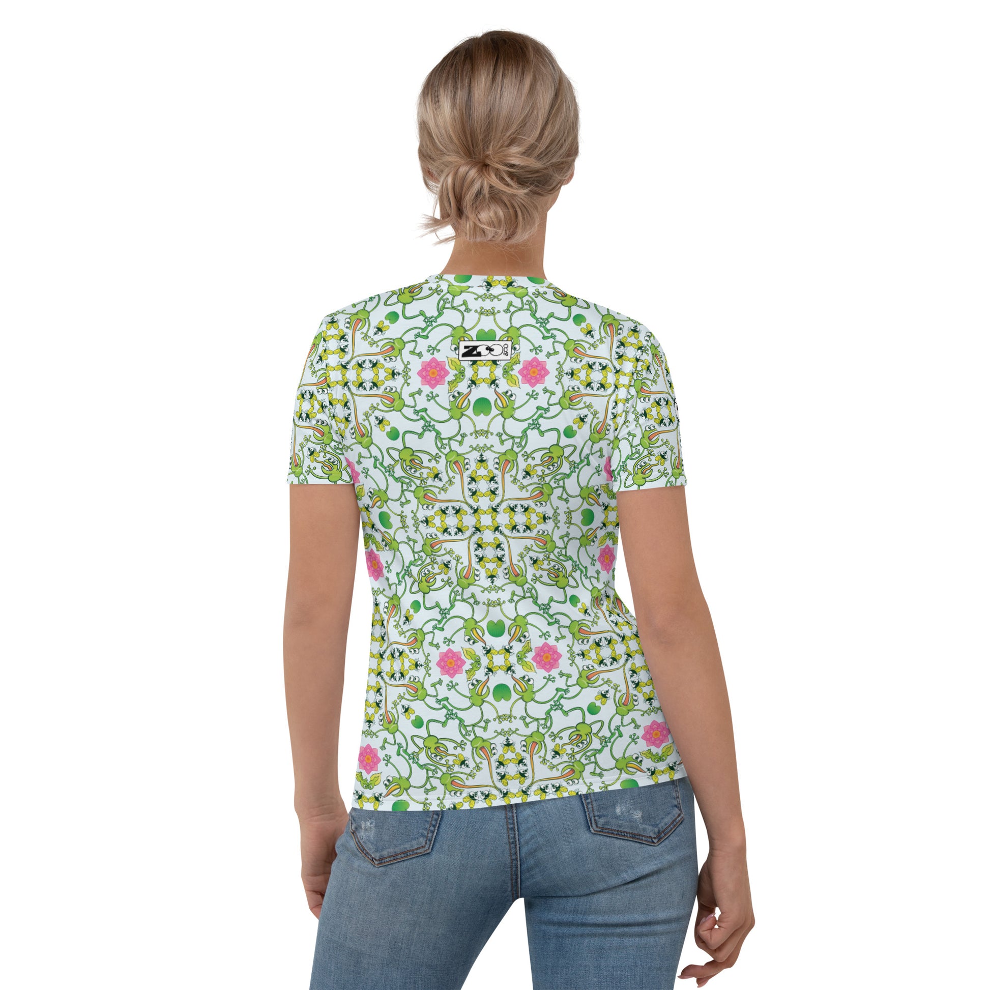 Funny frogs hunting flies Women's All-over print T-shirt. Back view