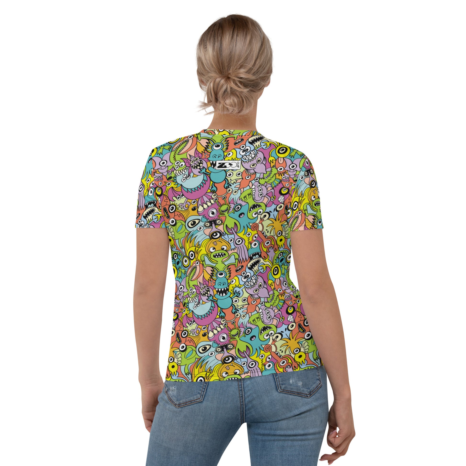 Funny monsters fighting for the best spot for a pattern design Women's T-shirt. Back view