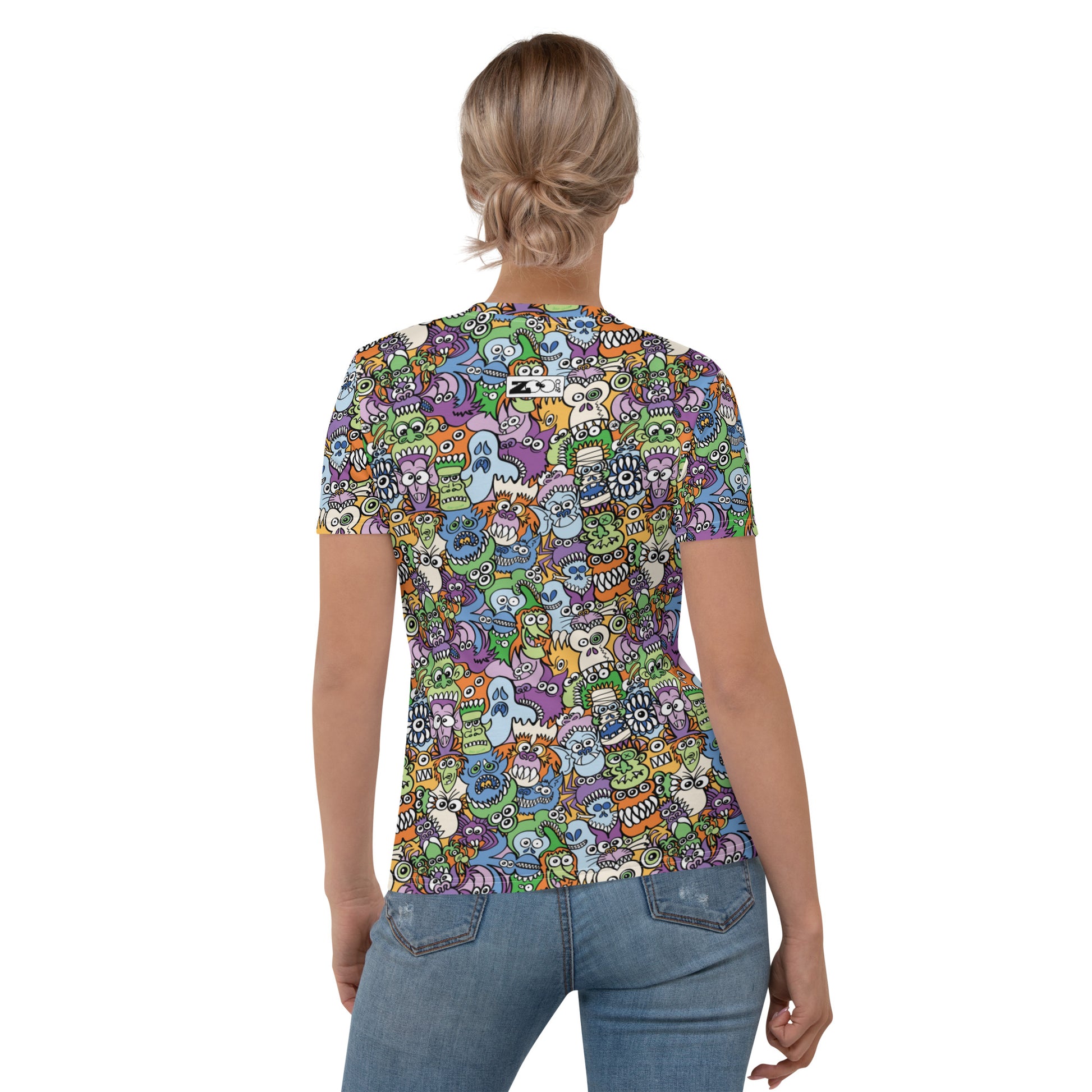 All the spooky Halloween monsters in a pattern design Women's T-shirt. Back view