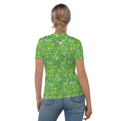 A tangled army of happy green frogs appears when the rain stops Women's T-shirt. Back view