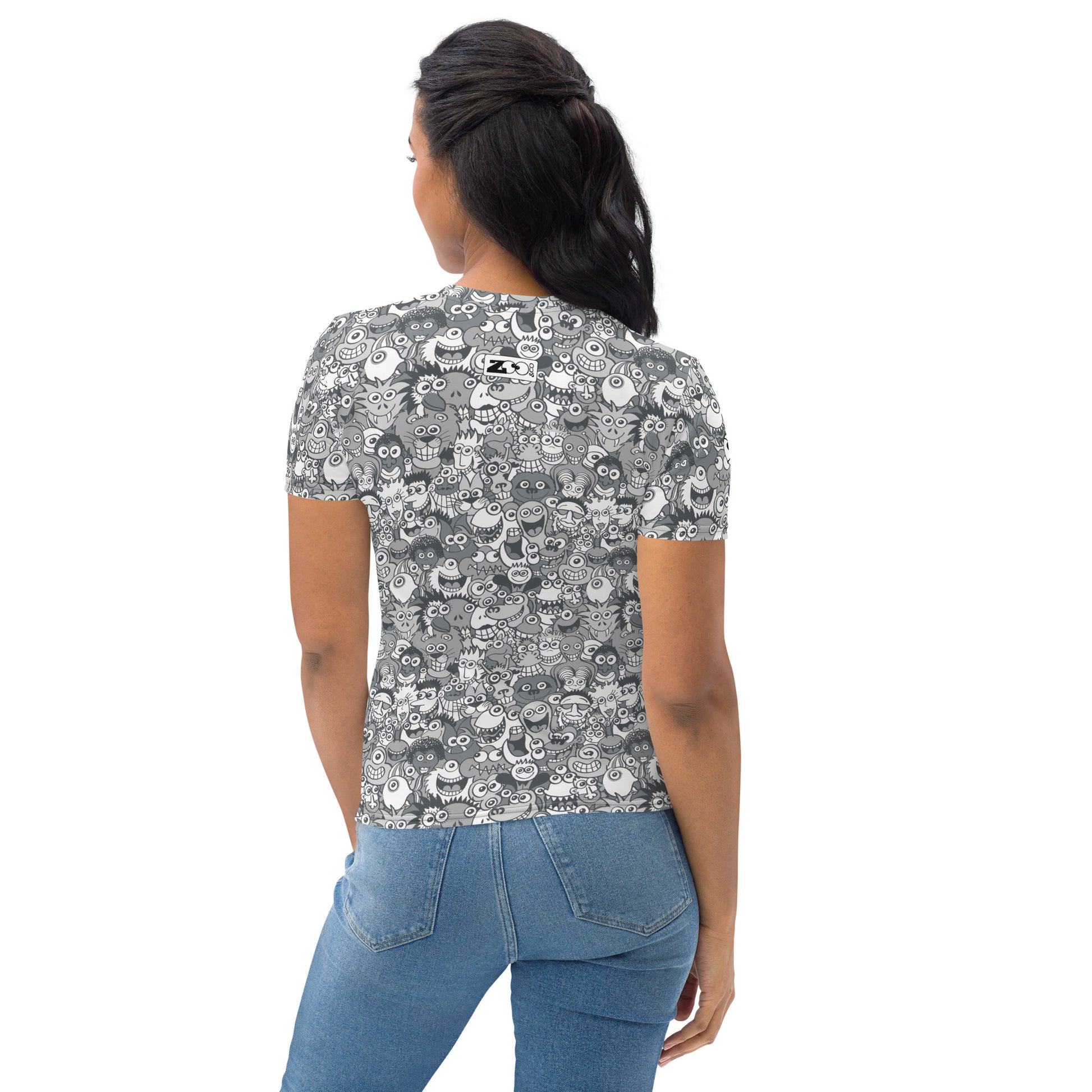 Find the gray man in the gray crowd of this gray world Women's T-shirt. Back view