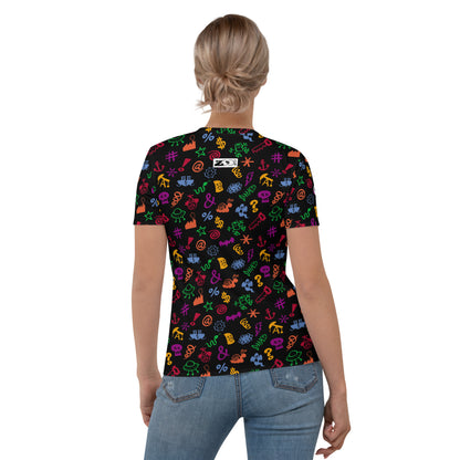 Wear this bad words all-over print Women’s T-shirt, swear with confidence, keep your smile. Back view