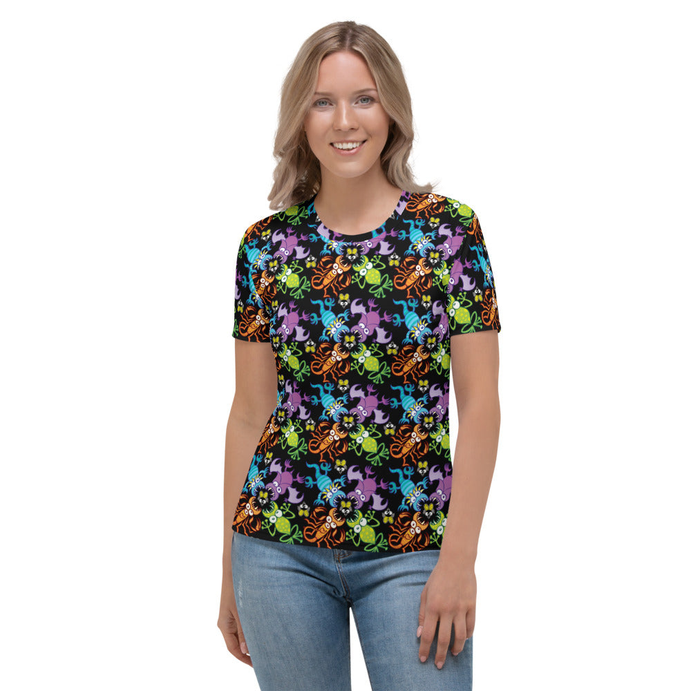 Bat, scorpion, lizard and frog fighting over an unlucky fly All-over print Women's T-shirt. Front view