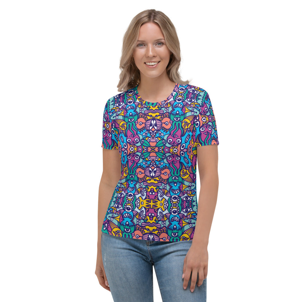 Whimsical design featuring multicolor critters from another world All-over print Women's T-shirt. Front view