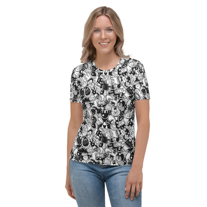 Joyful crowd of black and white doodle creatures All over print Women's T-shirt. Front view