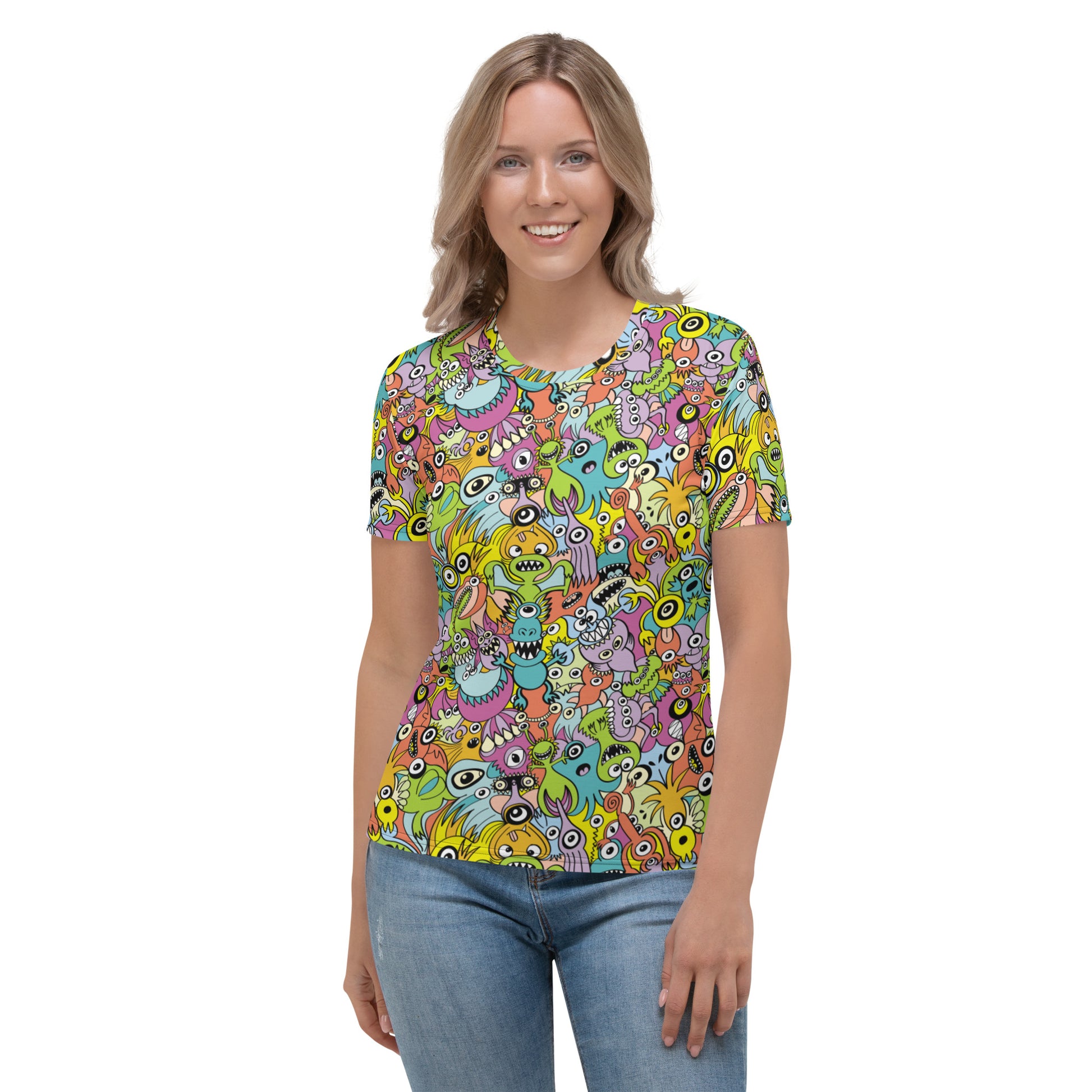Funny monsters fighting for the best spot for a pattern design Women's T-shirt. Front view