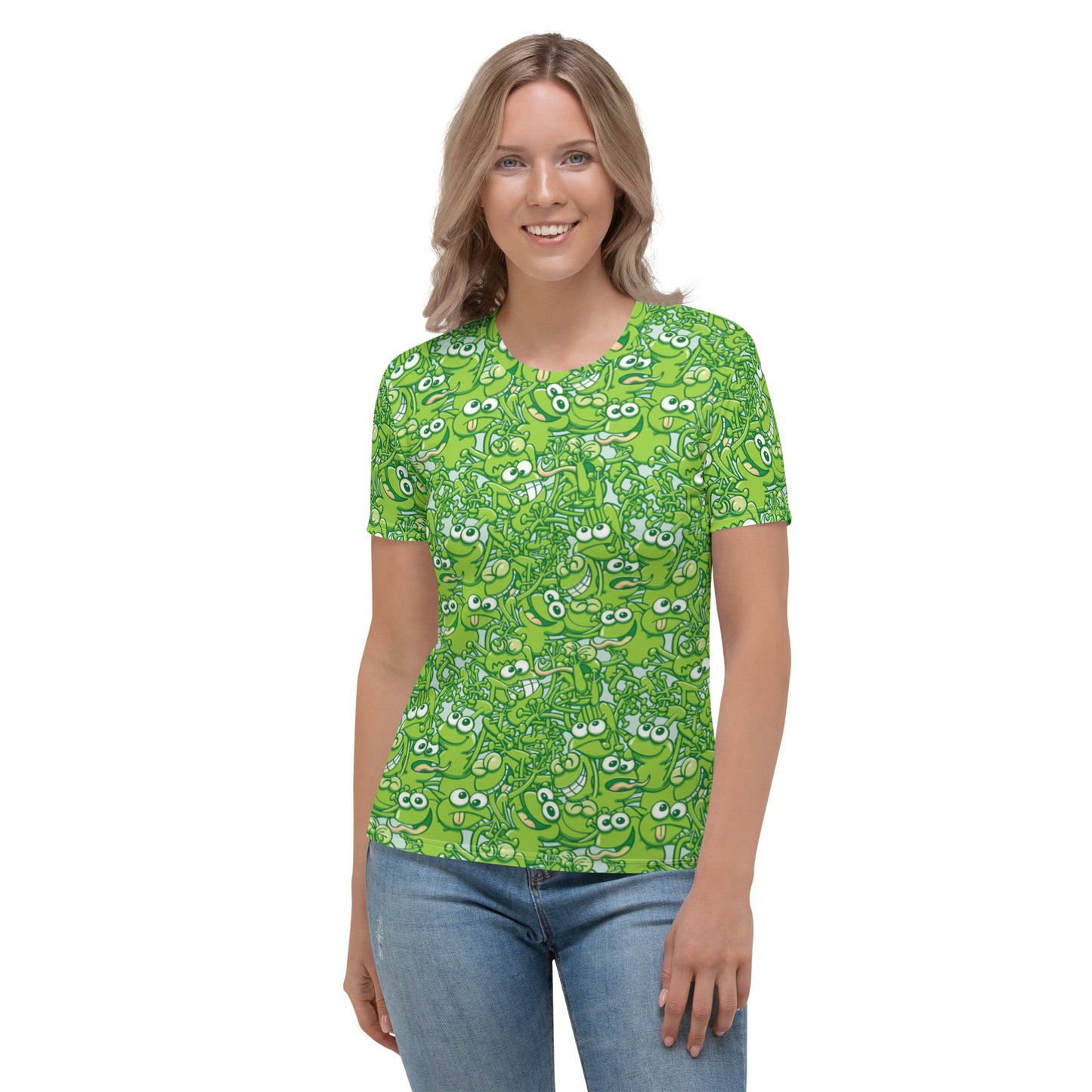 A tangled army of happy green frogs appears when the rain stops Women's T-shirt. Front view