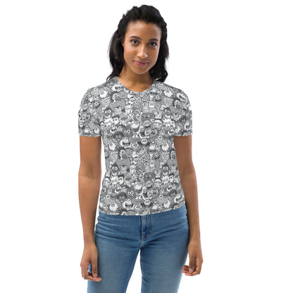 Find the gray man in the gray crowd of this gray world Women's T-shirt. Front view