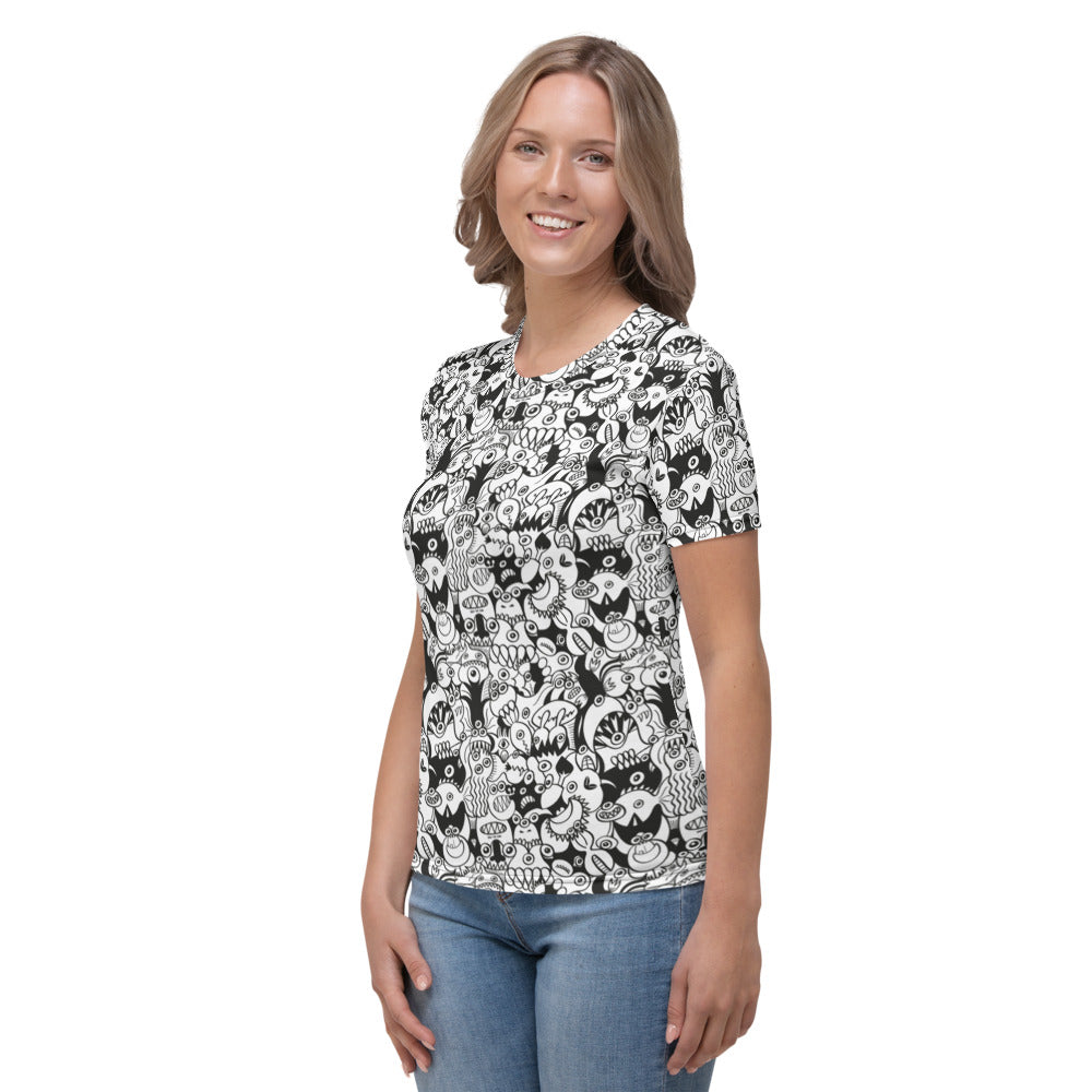 Black and white cool doodles art All over print Women's T-shirt. Left view