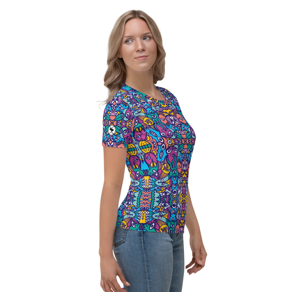 Whimsical design featuring multicolor critters from another world All-over print Women's T-shirt. Side view