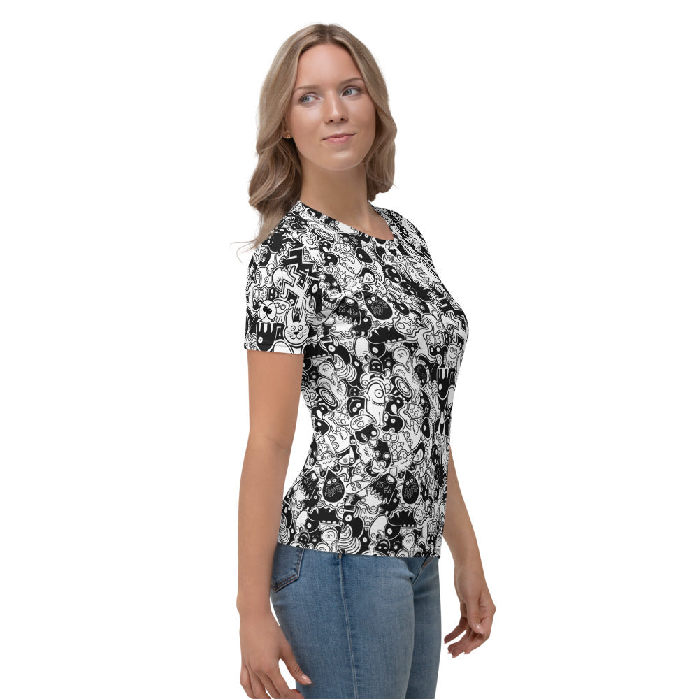 Joyful crowd of black and white doodle creatures All over print Women's T-shirt. Side view