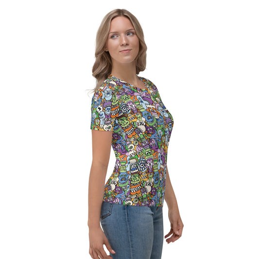 All the spooky Halloween monsters in a pattern design Women's T-shirt. Side view